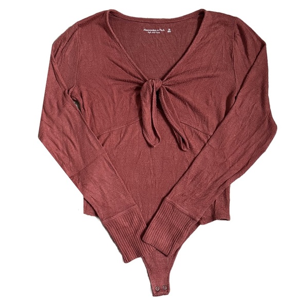 ABERCROMBIE & FITCH BURNT ORANGE SOFT LONG SLEEVE V NECK TIE FRONT BODYSUIT - Picture 4 of 10